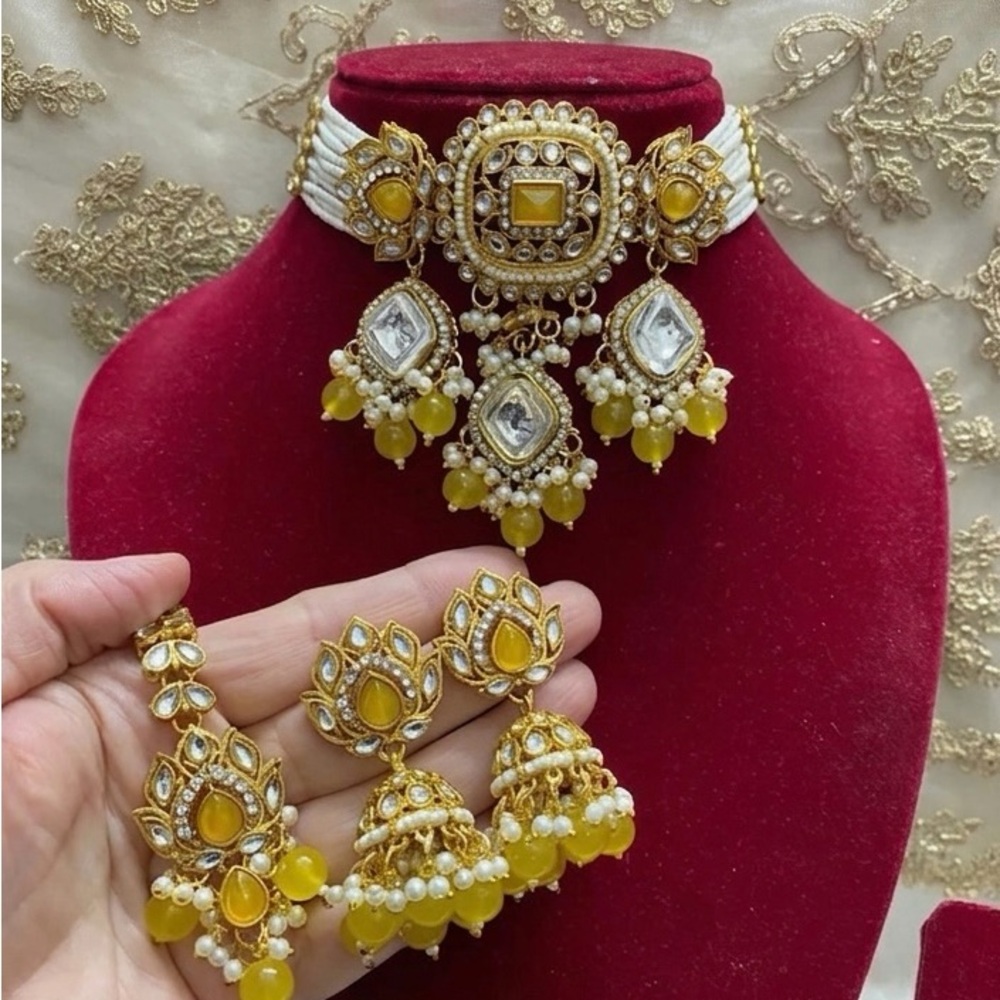 Yellow Kundan Choker Necklace and Jhumka Earring with tika Set - Women Jewelry